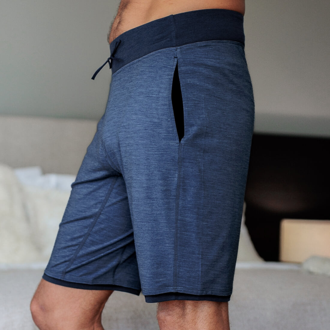 Merino wool pajamas shorts men || Blue melange