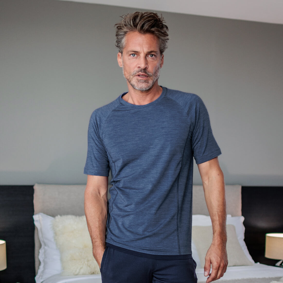 Merino wool pajama t-shirt men || Blue melange